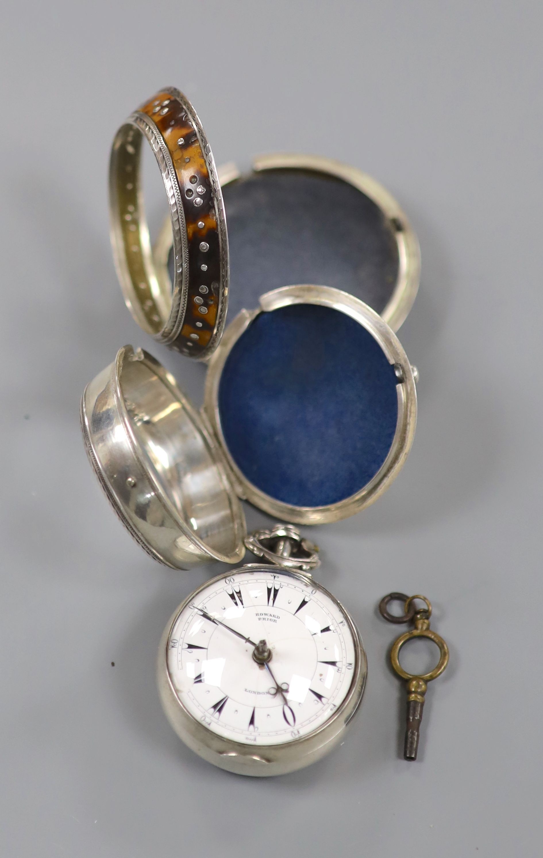 A 19th century silver and tortoiseshell triple case keywind verge pocket watch, for the Turkish market, by Edward Prior, London, case diameter 60mm (dial a.f.).